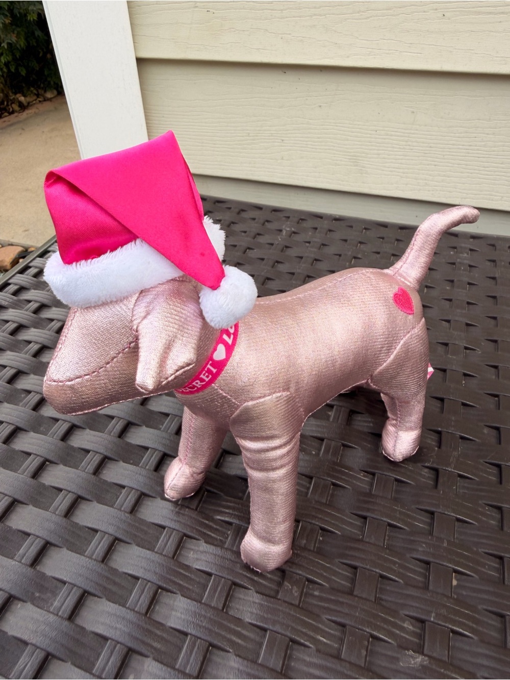 Pink Metallic Plush Dog Toy with Hot Pink Santa Hat